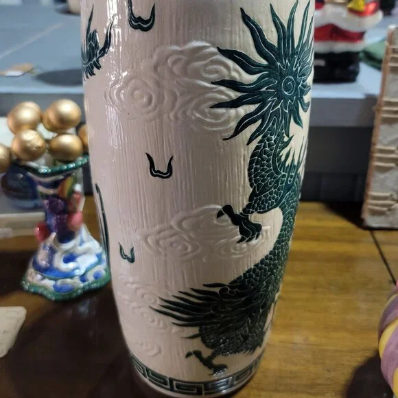 Tall Vintage Oriental Vase with Green Dragon and Peacock